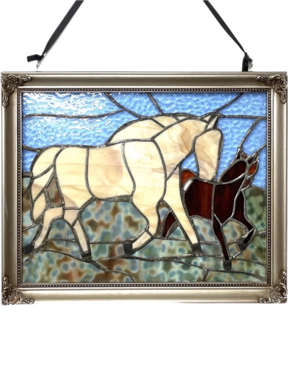 Large Framed Hanging Stained Glass Western Horses Handmade Wall Art 1 of A Kind